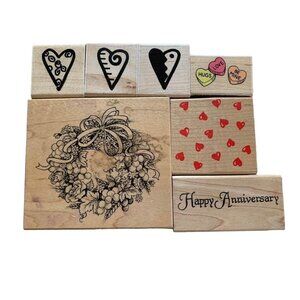 Wooden Rubber Stamp Set Hearts Wreath Happy Anniversary Craft Hobby Tools